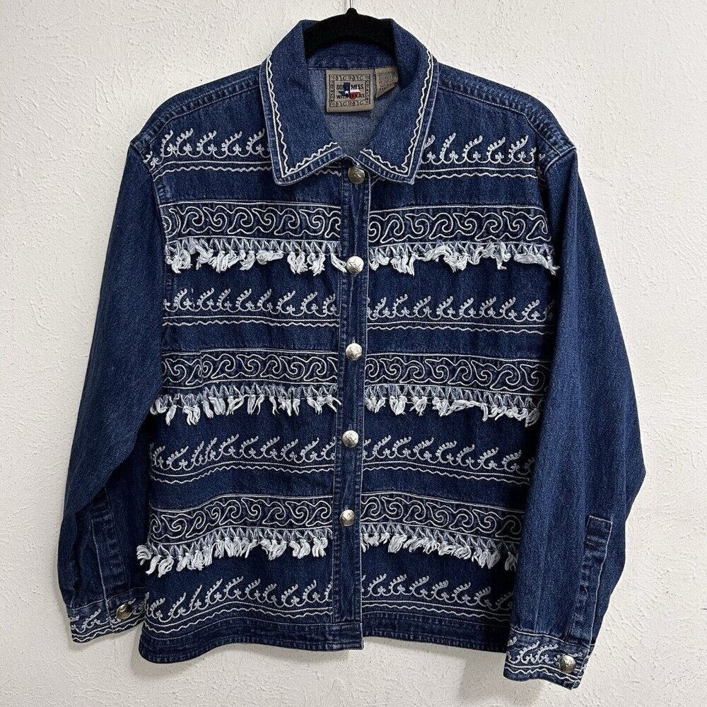 Don't Mess With Texas VTG 90s Blue Denim Jacket Fringe Embroidered Sz M Western